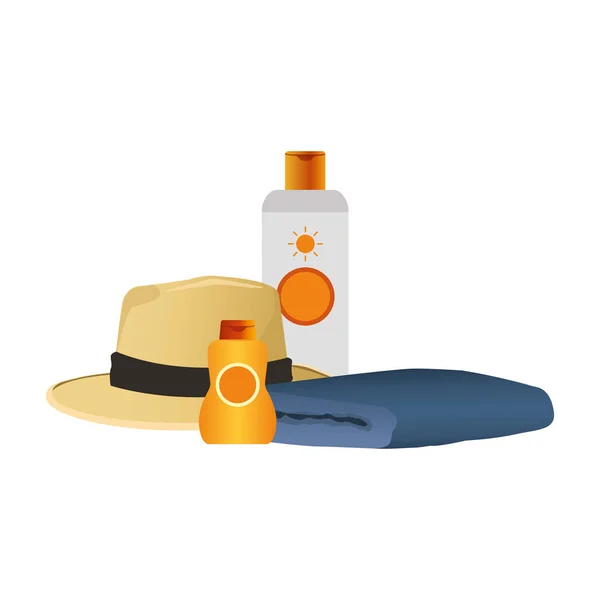 Αντηλιακά μπουκάλια με καπέλο παραλία και πετσέτα εικονίδιο, πολύχρωμο σχεδιασμό — Διανυσματικό Αρχείο