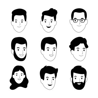 çizgi film insanları gülümseyen ikon setiyle karşı karşıya