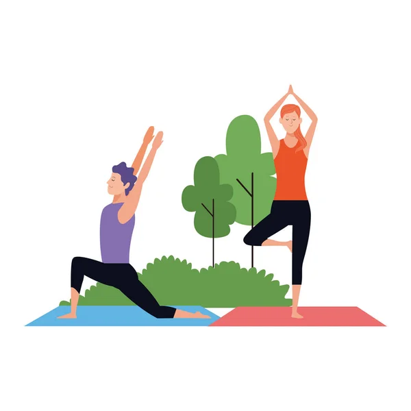 Cartoon man and woman doing yoga poses at outdoors with trees Stock Vector  Image by ©jemastock #329780444