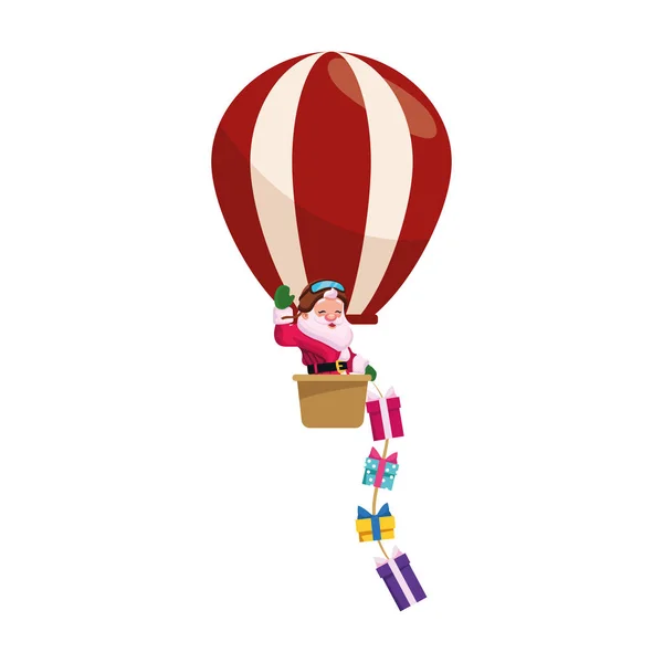 Santa Claus en un globo aerostático lanzando regalos, diseño plano — Vector de stock