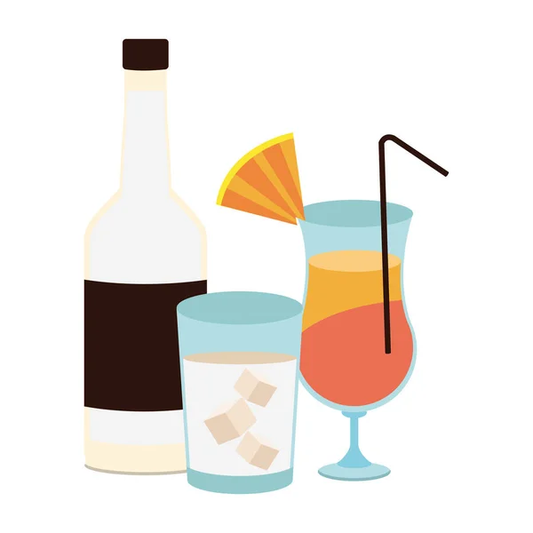 Bottiglia di liquore e cocktail tropicali, design piatto — Vettoriale Stock