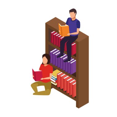 Kitap rafı, kadın ve erkek etrafta okuyor.