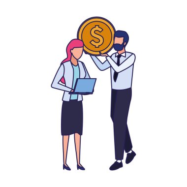 Avatar işadamı elinde para ve dizüstü bilgisayarı olan bir kadın tutuyor.