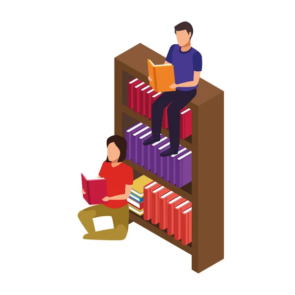 Bookshelf and woman and man reading around — Stock Vector