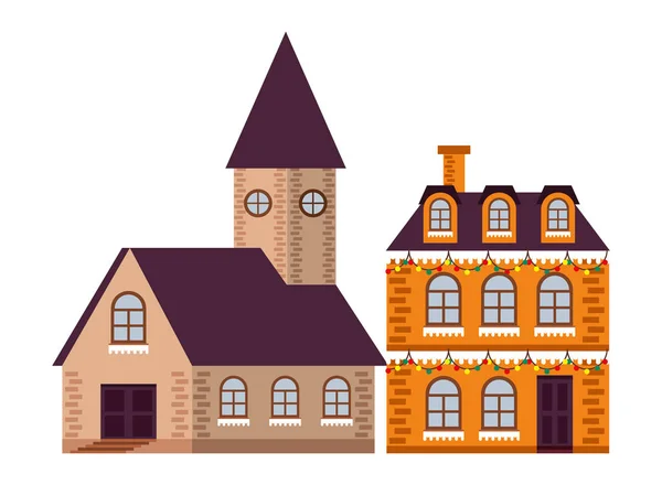 Casa e iglesia con nieve temporada de invierno — Vector de stock