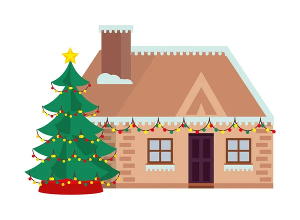 Будинок зі снігом та ялинкою зимовий сезон — стоковий вектор