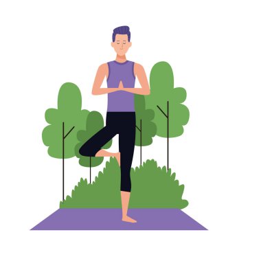 Çizgi filmci dışarıda yoga ağacı pozu veriyor.