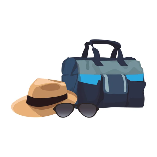 Ταξιδιωτική τσάντα με καπέλο και γυαλιά ηλίου εικονίδιο — Διανυσματικό Αρχείο