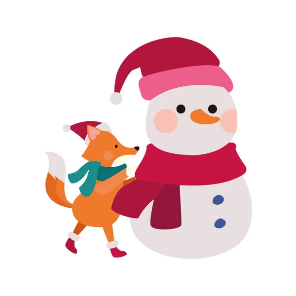 Natale pupazzo di neve e simpatica icona di volpe, design colorato — Vettoriale Stock