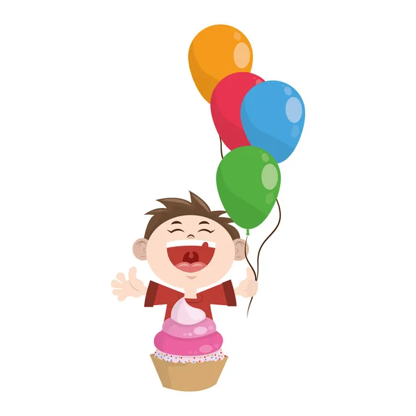 Cartoon gelukkig jongen met ballonnen en cupcake pictogram — Stockvector