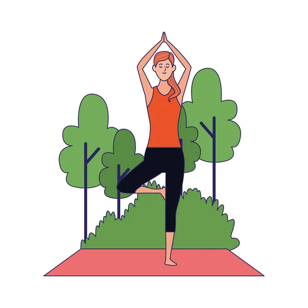 Cartoon-Frau macht Yoga-Baum-Pose im Freien, flaches Design — Stockvektor