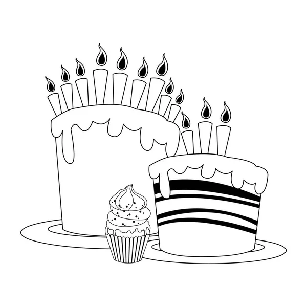 Torte di compleanno con candele e cupcake, design piatto — Vettoriale Stock