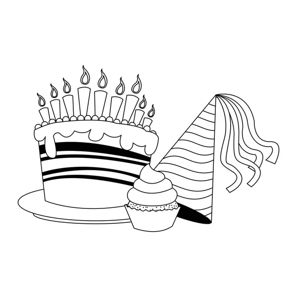 Cupcake avec gâteau d'anniversaire et icône de chapeau de fête, design plat — Image vectorielle