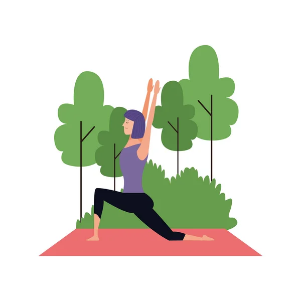 Młoda kobieta ćwiczy jogę na świeżym powietrzu, kolorowe wzornictwo — Wektor stockowy