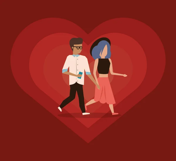 Lindo amantes pareja personajes con corazón amor — Vector de stock