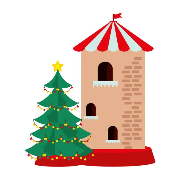 Árvore de pinho de natal com torre de castelo —  Vetores de Stock
