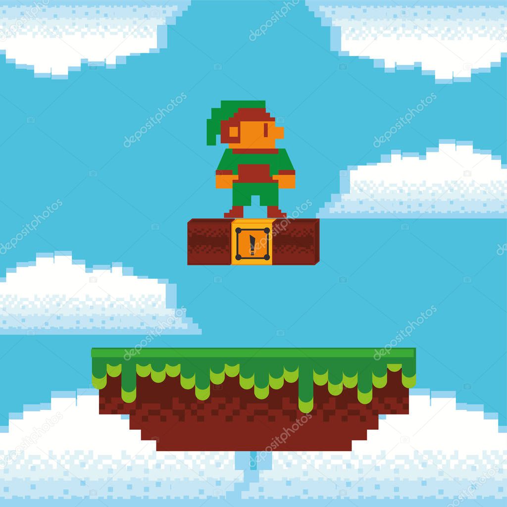 video game little elf in pixelated scene