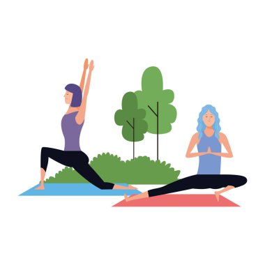Açık hava ikonunda yoga yapan genç kadınlar, renkli tasarım.