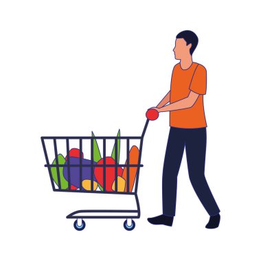 Süpermarket arabası olan avatar adam, düz tasarım.