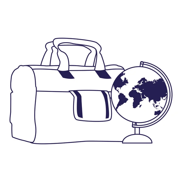 Seyahat çantası ve dünya simgesi, düz tasarım — Stok Vektör