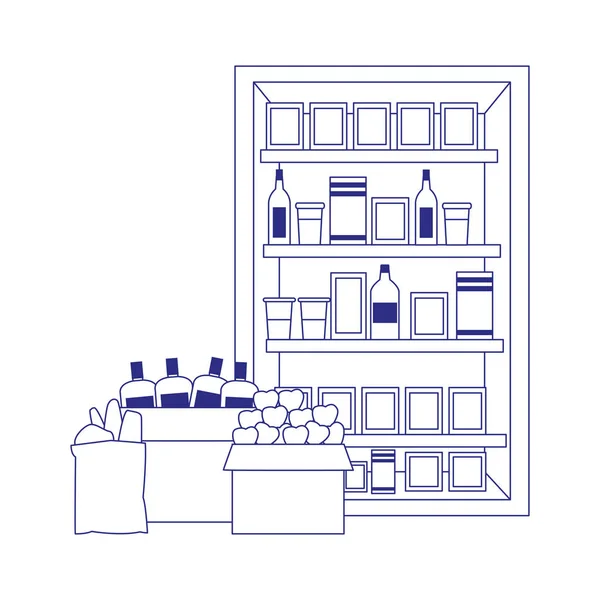 Cajas y estantes de supermercados con botellas y productos de alimentación, diseño plano — Archivo Imágenes Vectoriales