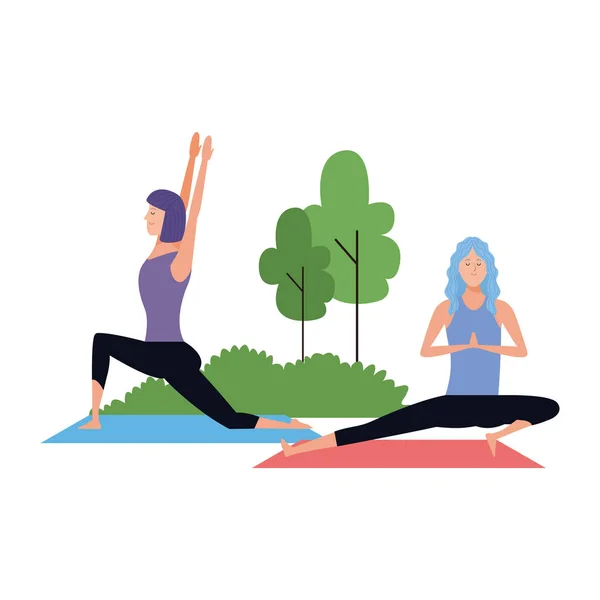 Młode kobiety ćwiczące jogę na świeżym powietrzu ikona, kolorowe wzornictwo — Wektor stockowy