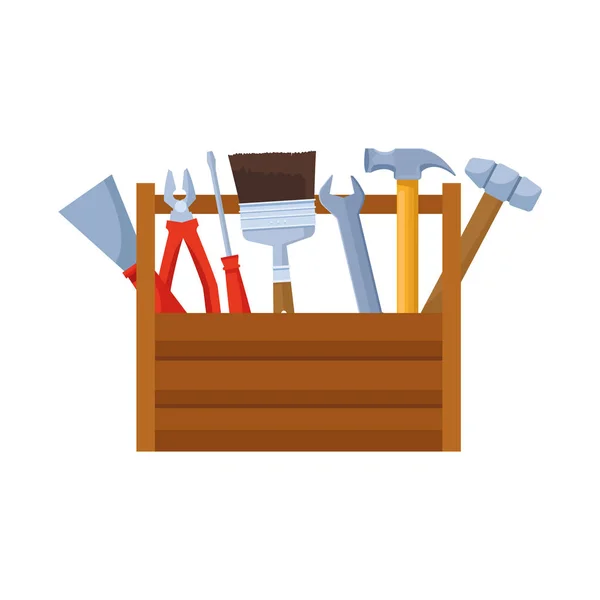 Caixa de madeira com ferramentas de reparo, design colorido —  Vetores de Stock