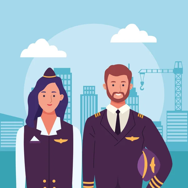 Karikatura letuška a pilot nad městskými budovami scénický pozadí — Stockový vektor