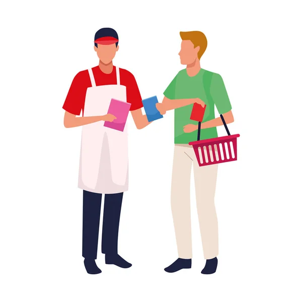 Supermarktmedewerker en klant met mand, vlak design — Stockvector