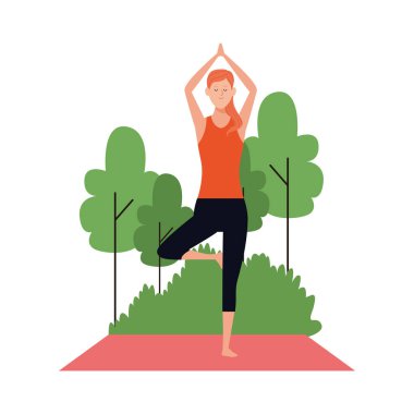 Çizgi filmdeki kadın dışarıda yoga ağacı pozu veriyor, düz tasarım.