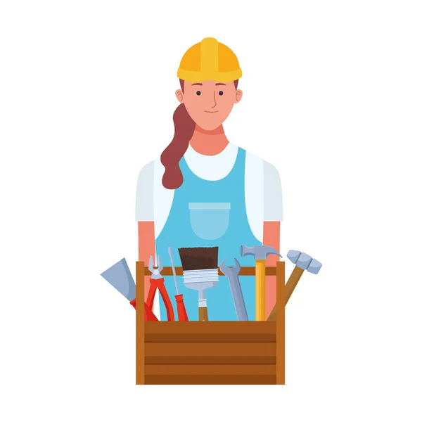 Επισκευαστής γυναίκα με ξύλινο κουτί με εργαλεία — Διανυσματικό Αρχείο