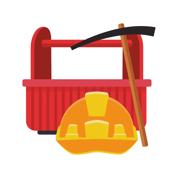 Caja de herramientas con casco de seguridad y herramienta de hacha — Vector de stock