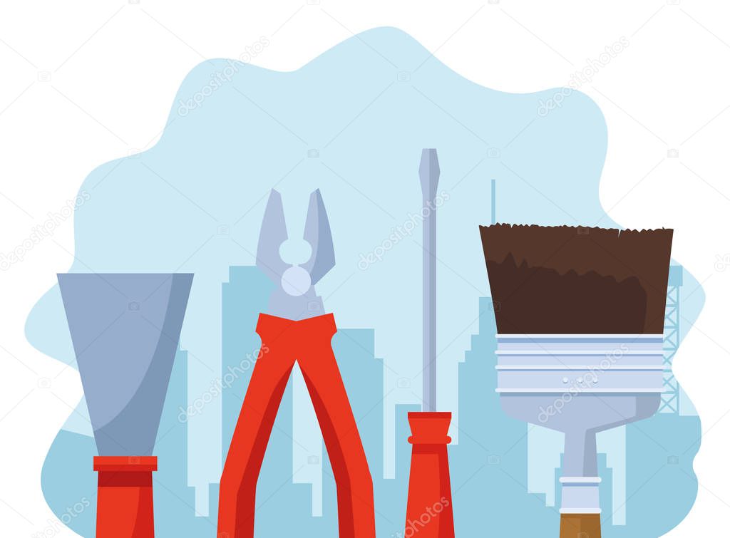 construction tools over under construction scenery background