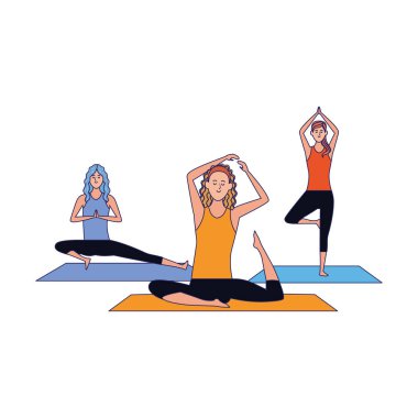 Yoga yapan genç kadınlar, renkli tasarım.