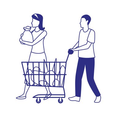 Avatar kadın ve erkek süpermarket arabası ve çantaları, düz tasarım