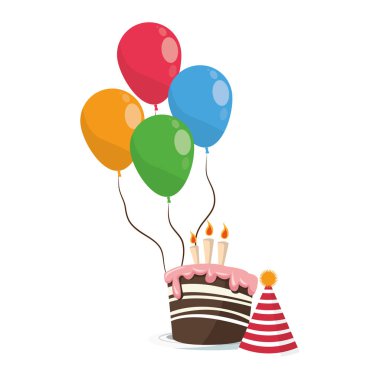 Doğum günü pastası ve şapka ikonlu parti balonları, renkli tasarım