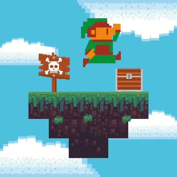 Pequeño elfo de videojuego en escena pixelada — Vector de stock