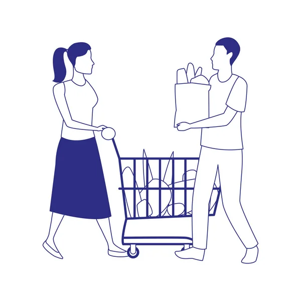 Hombre sosteniendo una bolsa y una mujer con carro de supermercado, diseño plano — Vector de stock