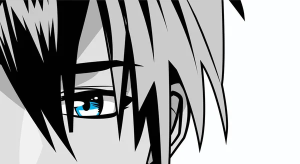 Gezicht jonge man monochrome anime stijl karakter — Stockvector