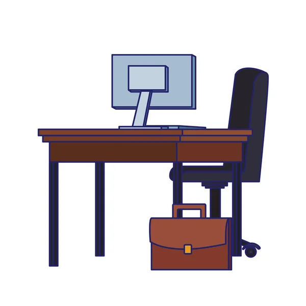 Silla de oficina y escritorio con computadora y maletín — Vector de stock