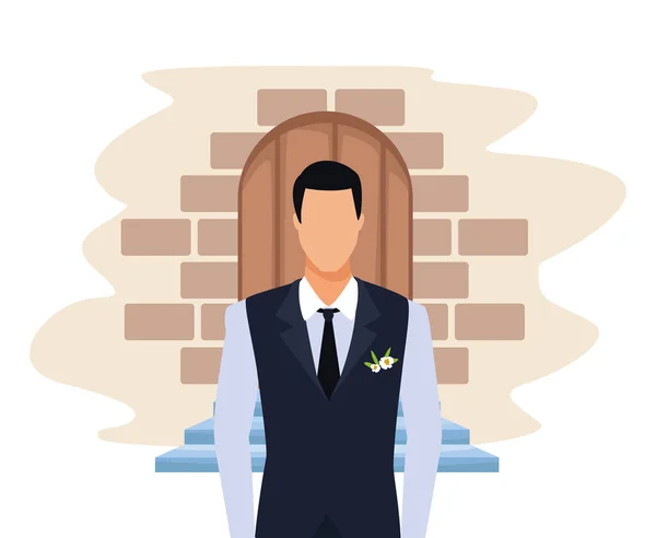 Avatar groom over door and bricks wall — Stock Vector