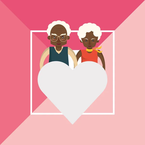 Afro büyükanne ve büyükbaba kalbi olan çift. — Stok Vektör