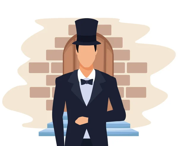 stock vector elegant groom with top hat over door and bricks background