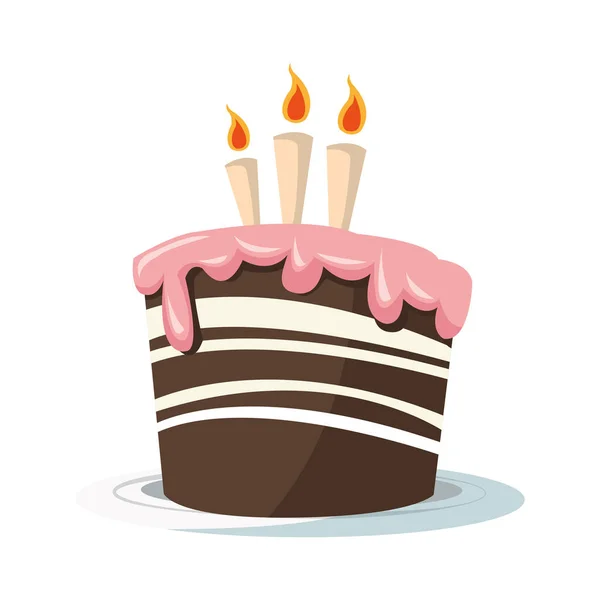 Tarta de cumpleaños con tres velas icono, diseño colorido — Vector de stock