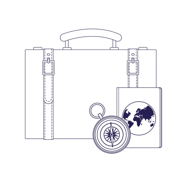 Maleta de viaje con pasaporte y brújula, diseño plano — Vector de stock