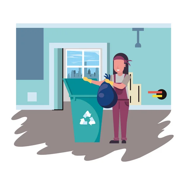 Casalinga donna operaia con cassonetto della spazzatura — Vettoriale Stock