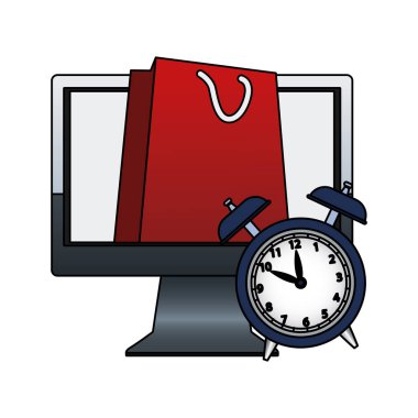 Alışveriş çantası ve alarm saati simgesine sahip bilgisayar