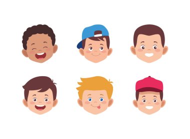 Çizgi film çocuk yüzleri, renkli tasarım.