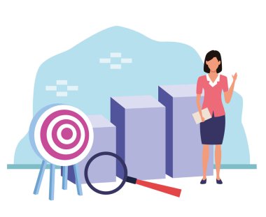 avatar iş kadını ayakta ve grafik bar çizelgeleri
