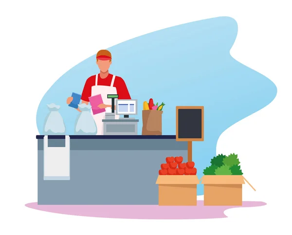 Avatar man pracovník v supermarketu pokladny s potravinami na kapele — Stockový vektor